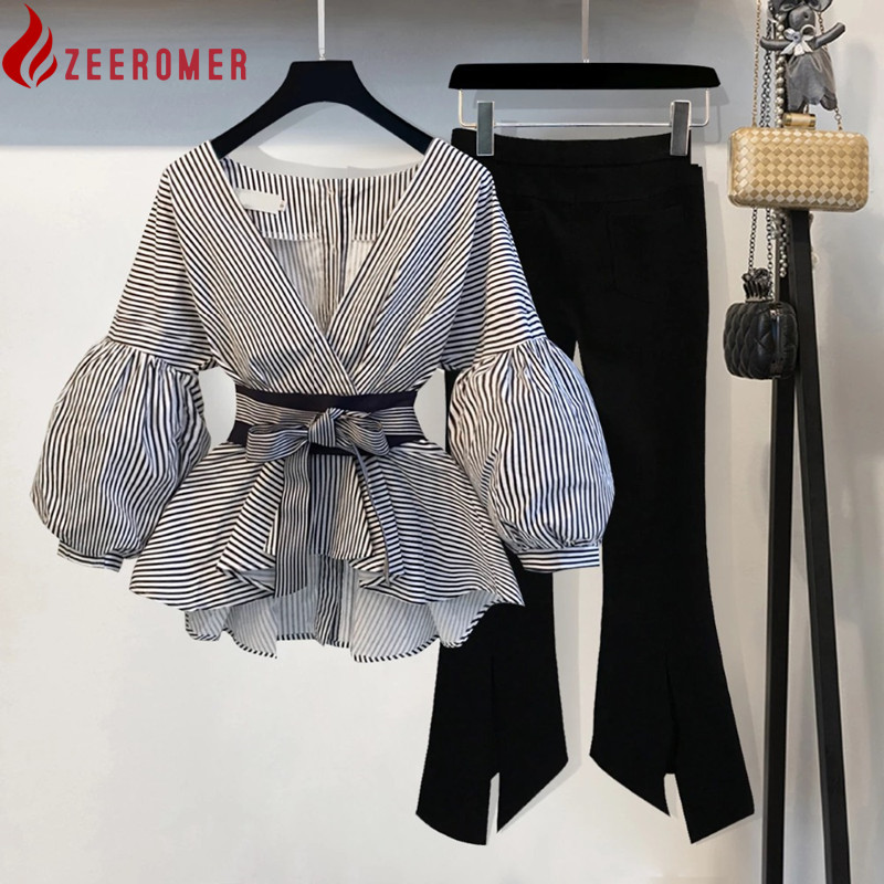 New Spring Summer Striped Bow Lantern Sleeve Blouse Women's Pants Set + Black Split Flare Sleeve 2 PCS Suits
