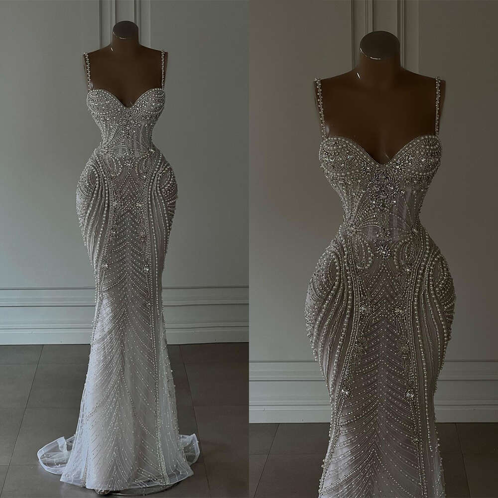Junoesque Mermaid Wedding Dress Spaghetti Sweetheart Crystal Applicants Pearls Chain Beads Design Backless Custom Made Vestidos