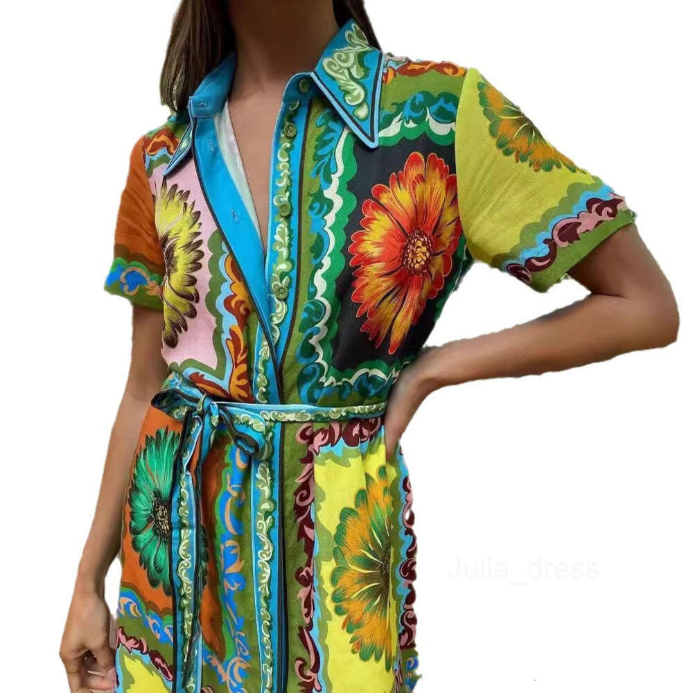 M New Printed Fashion Short Sleeve Loose Casual Lace up Cardigan Dress