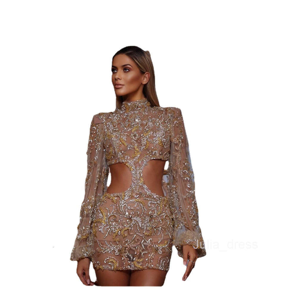 2024 Spring/Summer New Womens Sexy Mesh Sequin Round Neck Banquet Dress Wrapped Hip Short Skirt