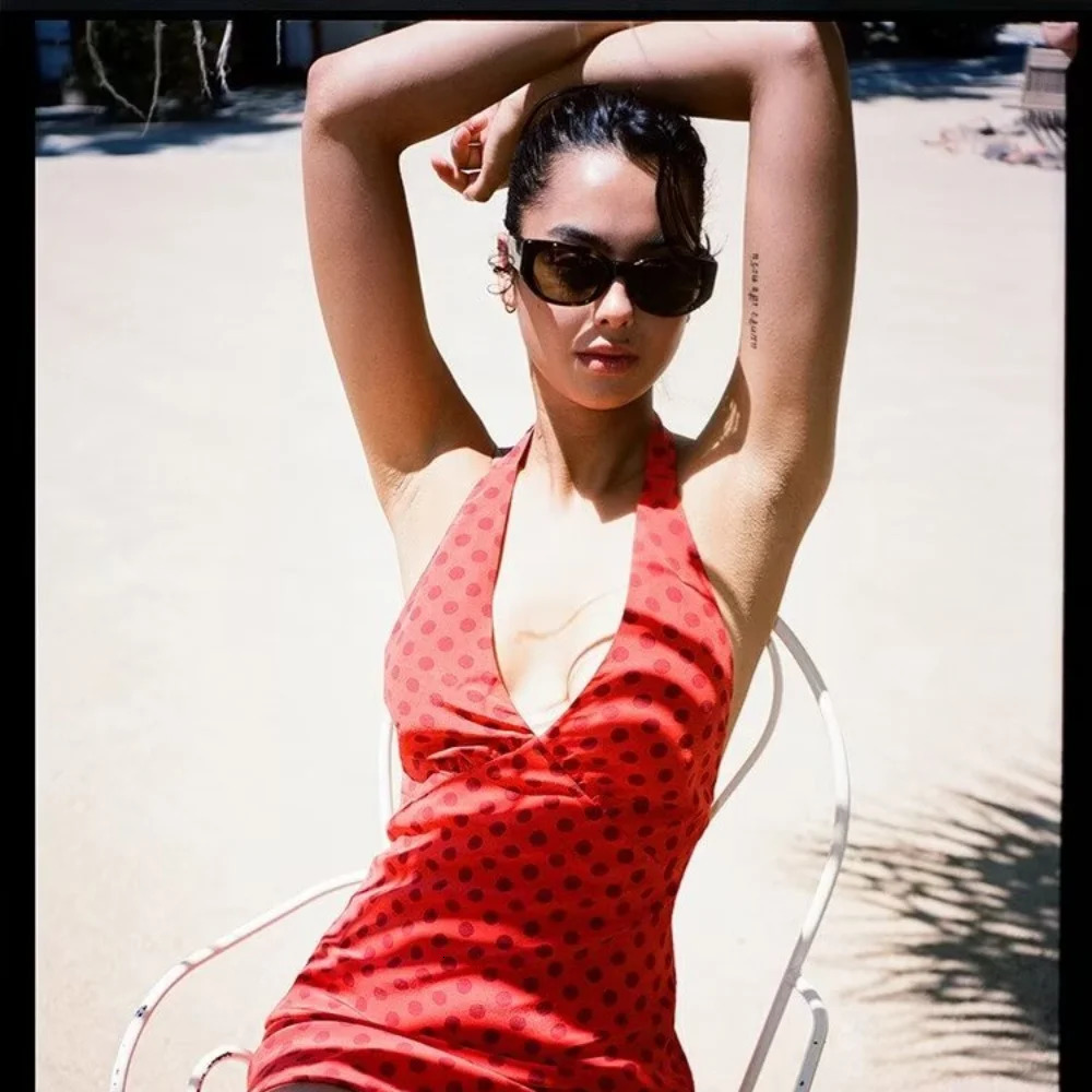 PB ZAWomens Polka Dot Printed Dress Fashionable and Casual Versatile VNeck Backless Spring 240515