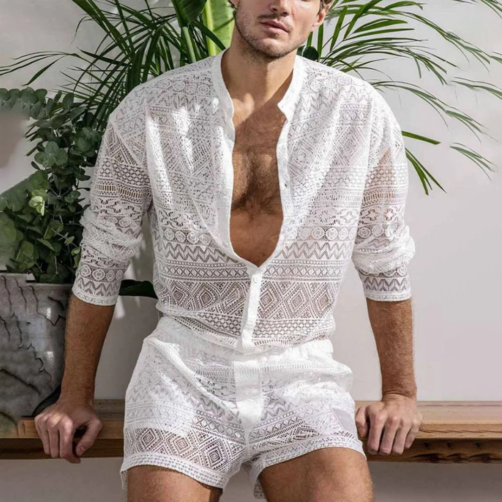 Mens Fashion Set Summer Hollow Out Sexy Lace Shorts Pattern Print Shirt Two Piece Suits Trendy Elegant Beach Clothes Outfits 240518
