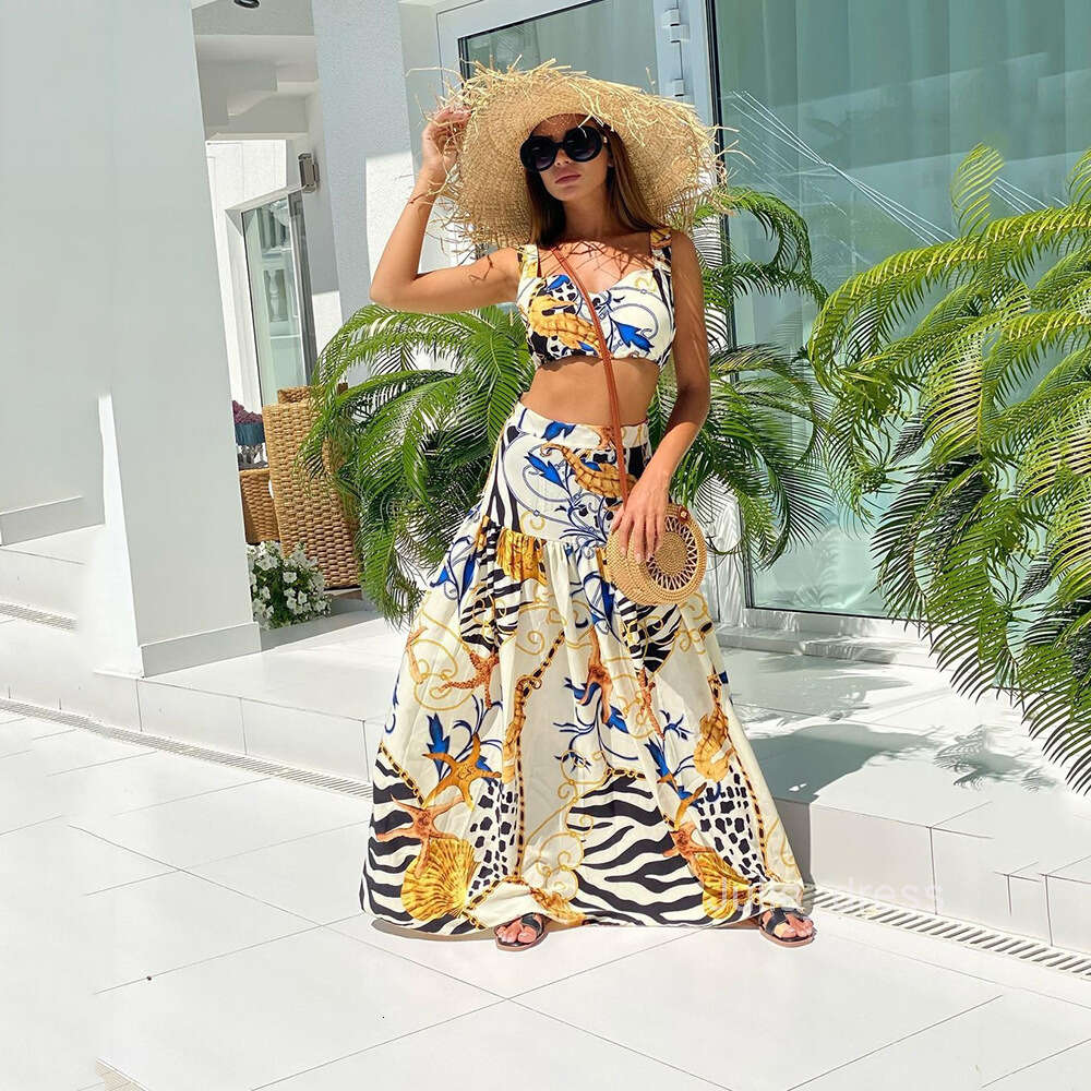 2024 Spring/Summer New Womens Sexy and Elegant Hanging Strap Printed Dress Set Beach Skirt two-piece