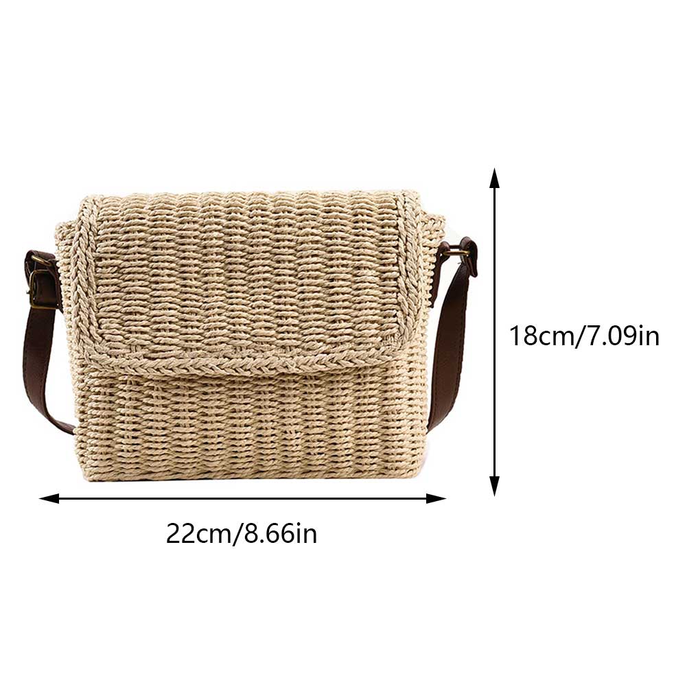 Women Weave Straw Bag Summer Straw Beach Bag Vintage Small Square Satchel Bag Adjustable Strap Handmade Travel Flap Bag