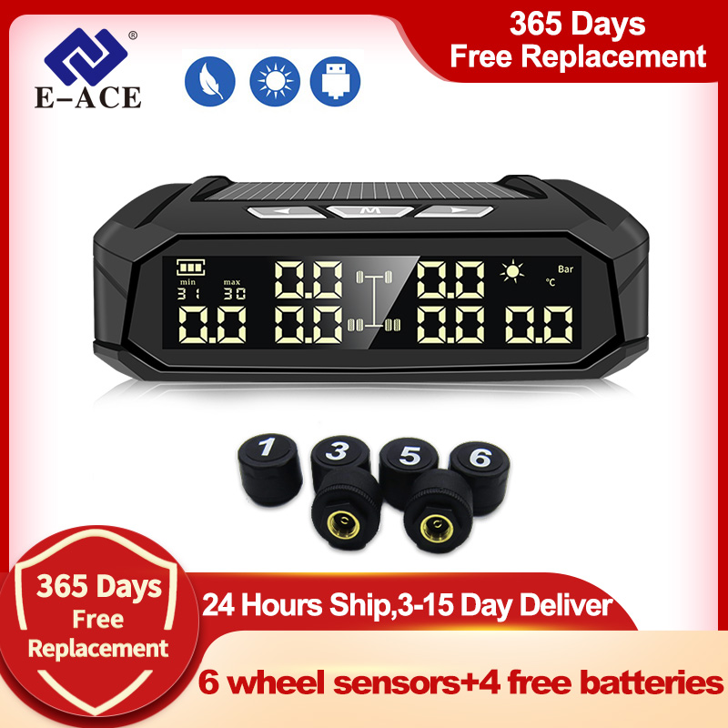 E-ACE Solar Power 2025 TPMS Car Detector Tire Pressure Alarm Monitor System new Auto Security Detector Pressure Temperature Warning