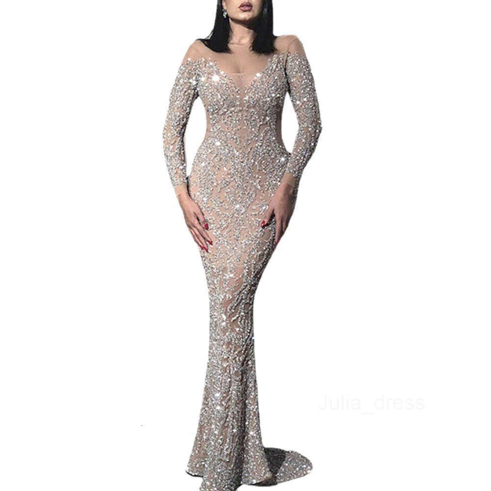 2024 Spring New Womens Hot Stamped Long Sleeve Slim Fit Sexy Long Dress Banquet Evening Dress