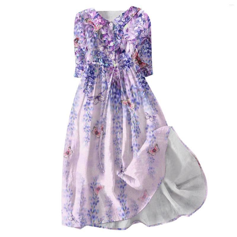 Casual Dresses Womens Fashion Simple Printed Lapel Collar Button 3/4 Sleeved Dress Slim-Type Straps Vestidos Largos