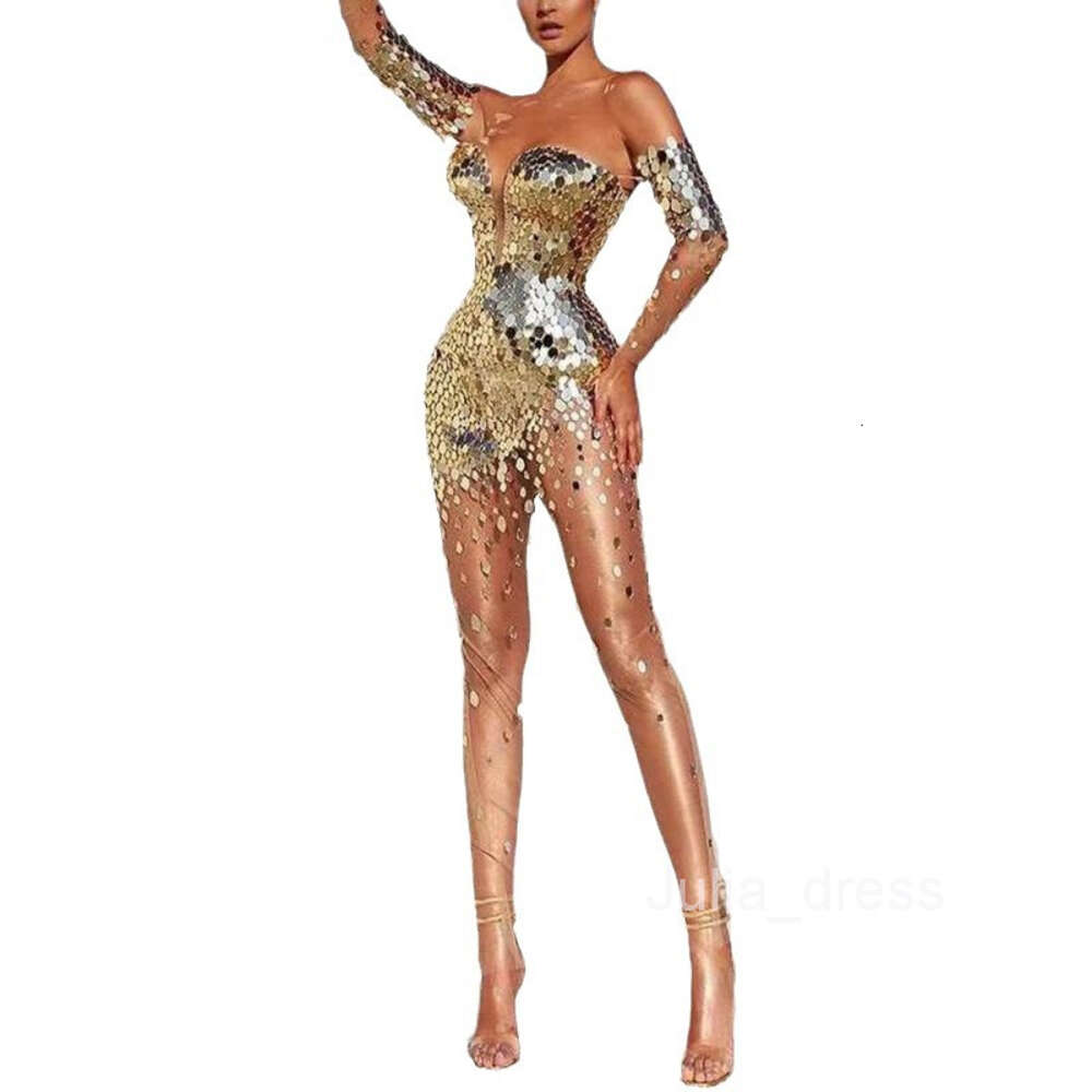 2024 Summer New Womens Dress Sequin One Shoulder Sexy Mesh Perspective Long Evening Dress