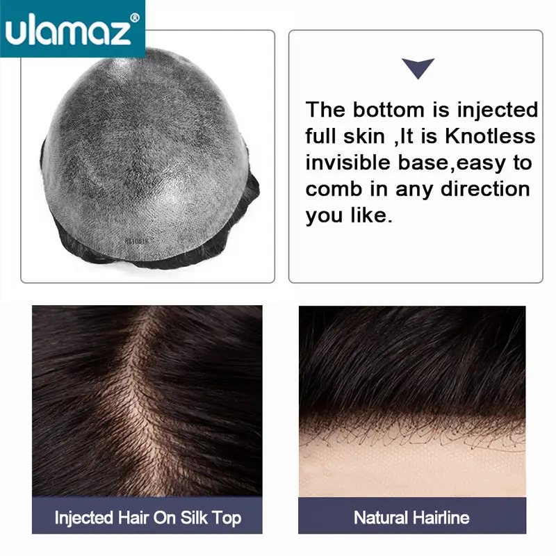 Knotless Skin Toupee Hair Men 0.1-0.12mm Full Skin Hair System Unit Indian Human Hair Man Wig 120% Density Male Hair Prosthesis 240520