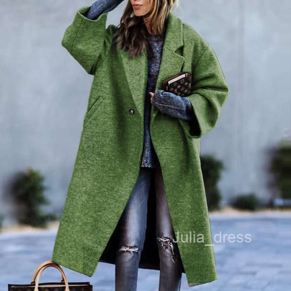 2024 New Autumn Womens Long sleeved Lapel Coat Printed Woolen Long Coat