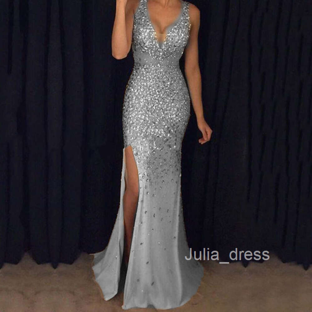 2024 New Womens Long Dress with V-neck Split Gold Splashing Dress