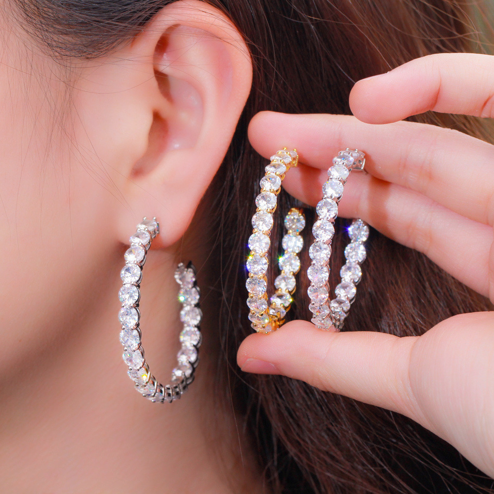 S925 Sterling Silver Large Circle Stud Earrings Luxury Jewelry Tennis Round Cut White Topaz CZ Diamond 18K Gold Women's Fashion Earrings For Love