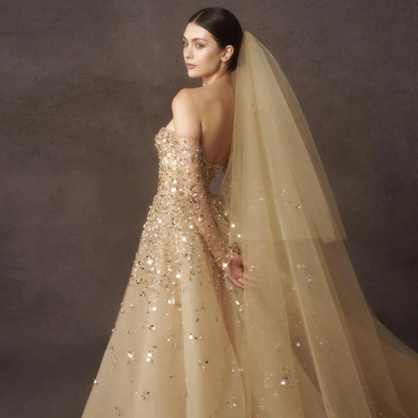 Gold Mermaid Beaded Wedding Dresses With Detachable Train Bridal Gowns Sequined Long Sleeves Off The Shoulder Necke Tulle Vestido De Novia 0220