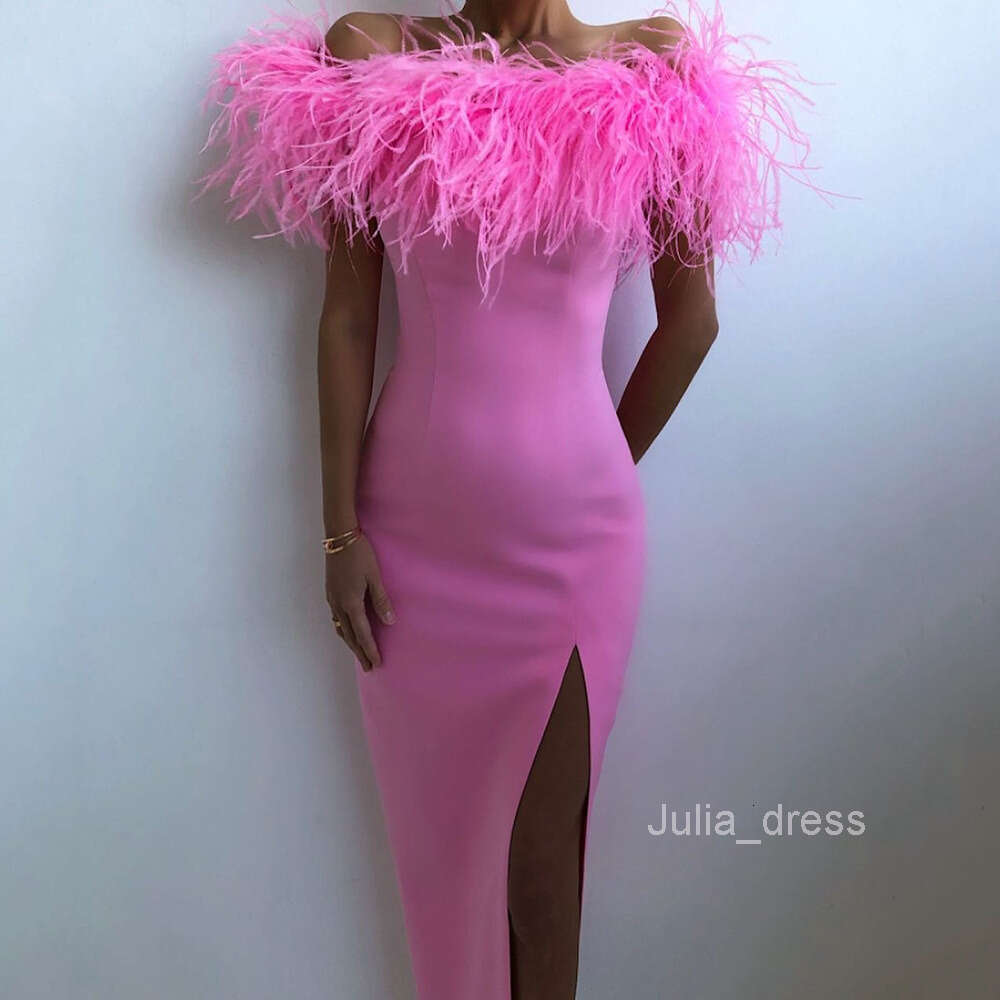 2024 Spring/Summer New Womens One Shoulder Evening Dress Feather Celebrity Dress Banquet Style Long Dress