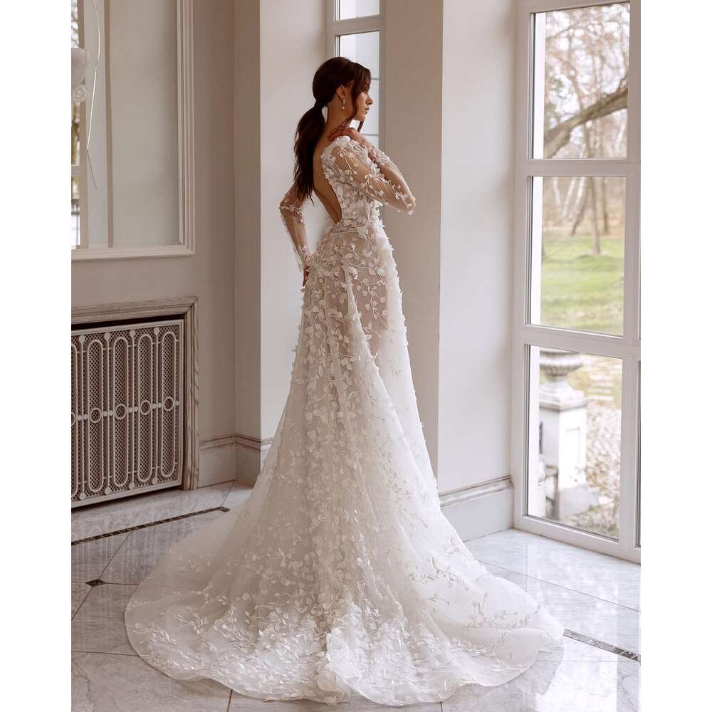 3D ral Embroidered Boho Wedding Dress, Sexy V Neck Lace Bridal Gowns