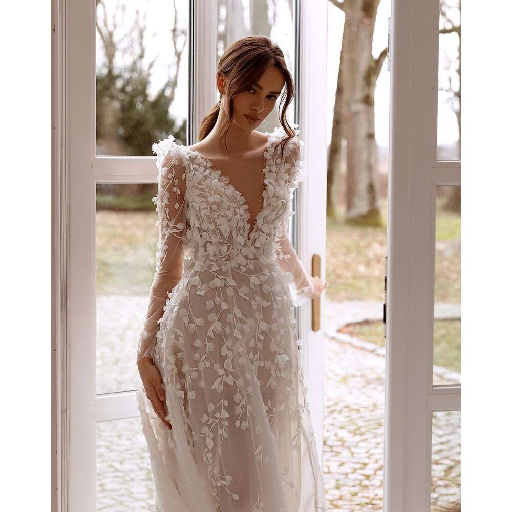 3D ral Embroidered Boho Wedding Dress, Sexy V Neck Lace Bridal Gowns