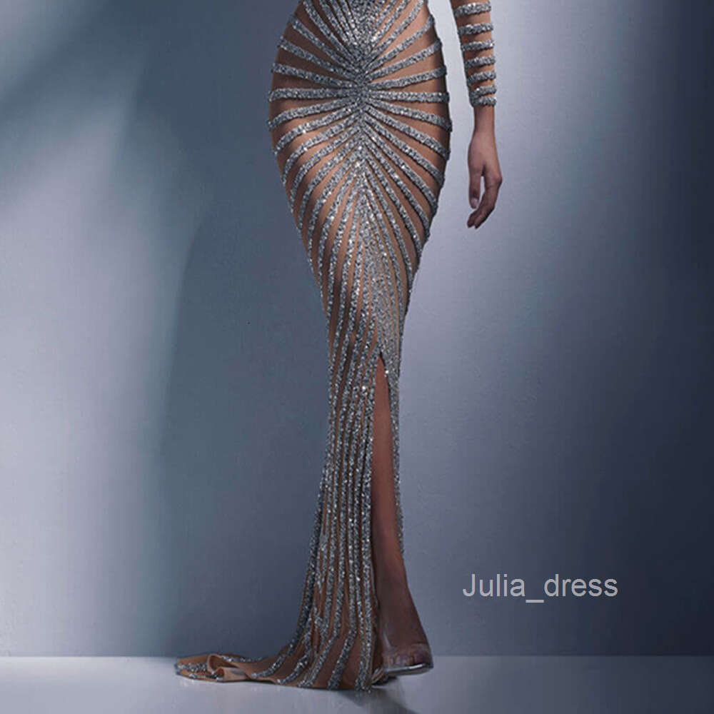 2024 Spring New Fashion Hot Diamond Womens Clothing Mesh Perspective Long Sleeve Split Long Dress