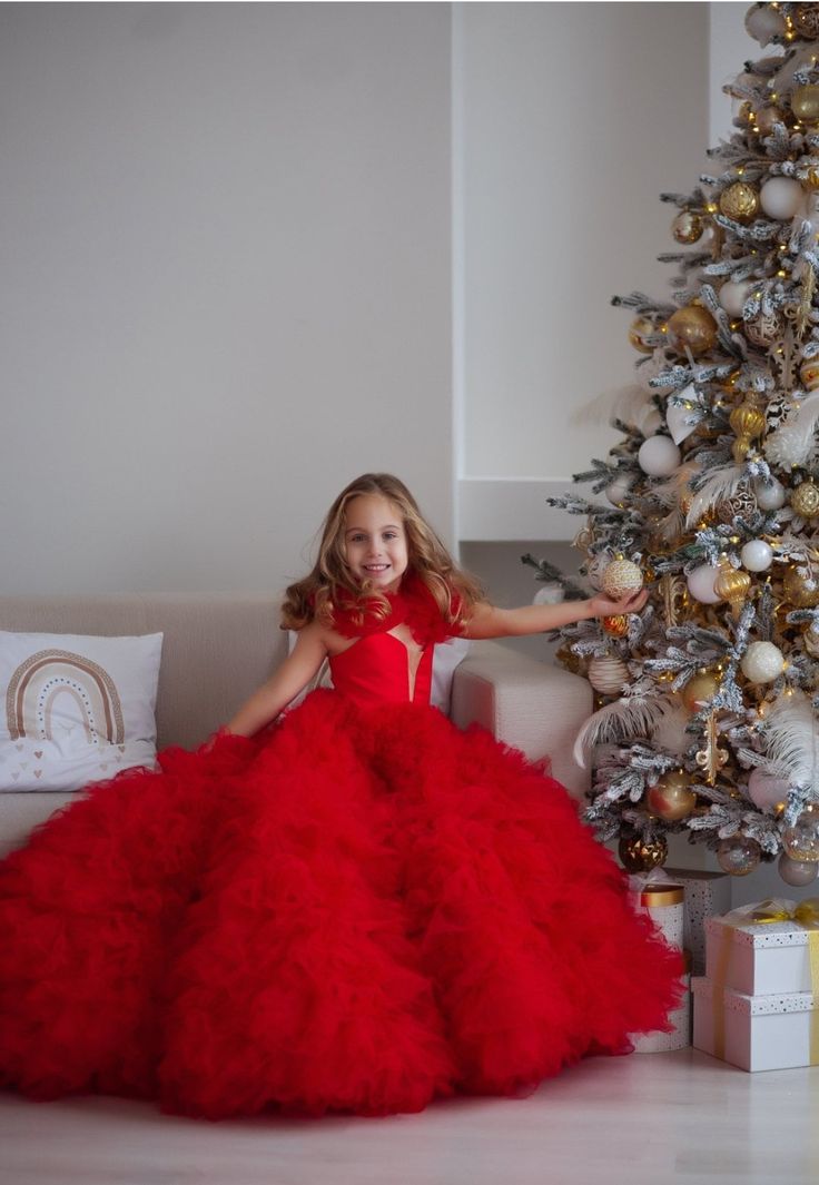Ruffles Tutu Tulle Flower Girls Dresses Red Christmas Toddler Tiered Gown Formal Photo Shoot Princess Birthday Party Dress With Train 2024 Kids Formal