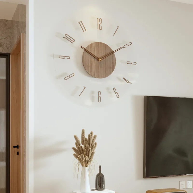 Solid Wood Creative Wall Clocks Living Room Silent Nordic Simple Quartz Clock Fashion Large Watch 240528