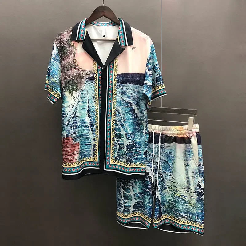 Art Landscape Print Shortsleeved Shirt Set Short Top For Men Vintage Pattern Lapel Streetwear Suit Casual Sets Homme 240524
