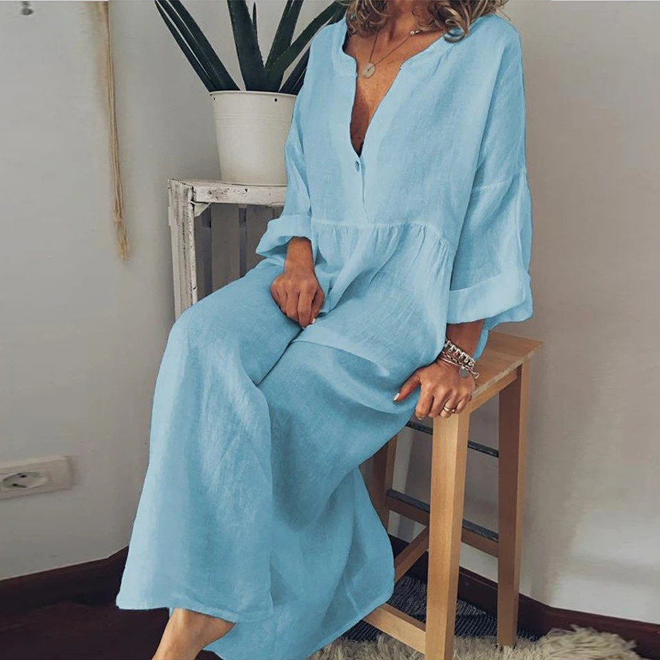 Cotton Linen Long Dress for Women Summer Pure Color Casual Short Sleeve Shirt Beach Female Clothing Y2K Vestido Robe 240528