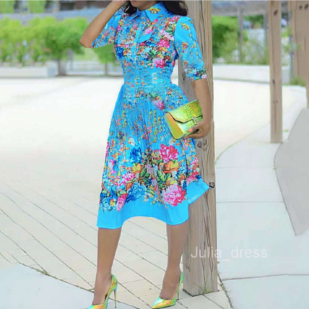 2024 Spring New Womens Dress Elegant and Fashionable Printed Polo Collar Long Sleeve Mid length Dress