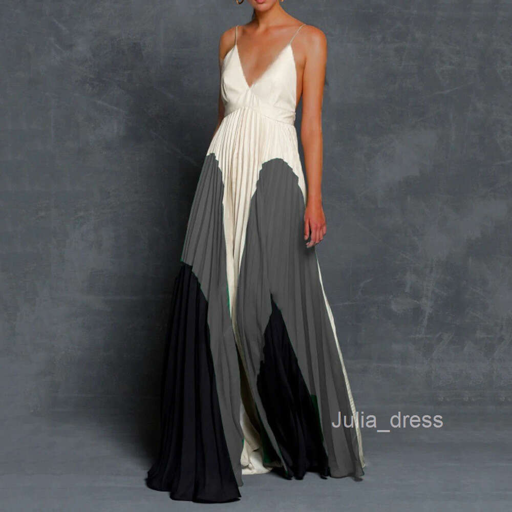 2024 Summer Womens Dress Slim Fit Slim and Long Style Color Blocked pleated camisole dress