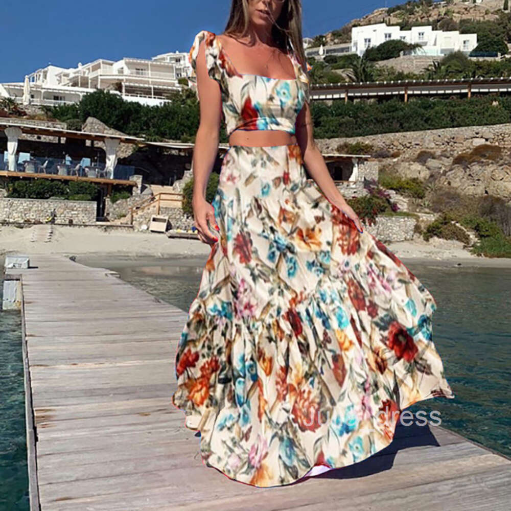 2024 Summer New Waist Top Fashion Sexy Print Dress Long Dress Two Piece Set