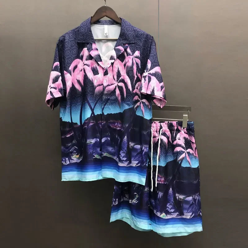 Art Landscape Print Shortsleeved Shirt Set Short Top For Men Vintage Pattern Lapel Streetwear Suit Casual Sets Homme 240524