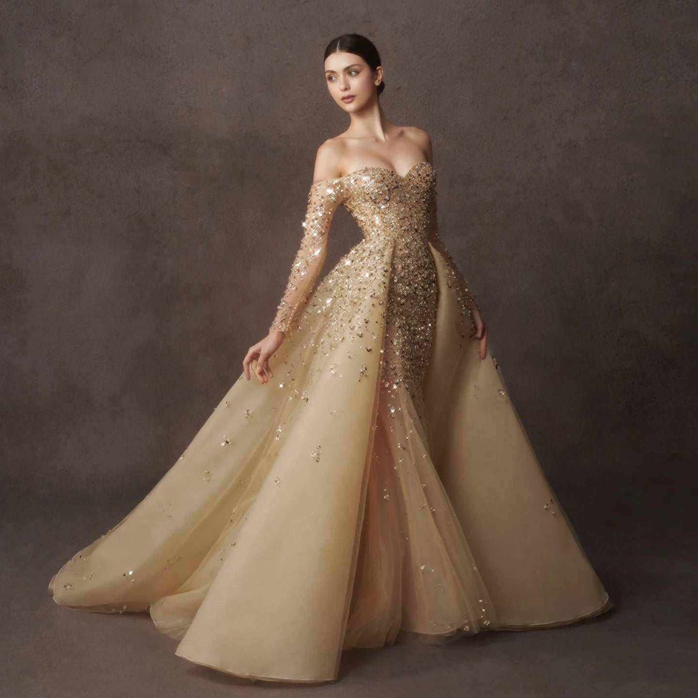 Gold Mermaid Beaded Wedding Dresses With Detachable Train Bridal Gowns Sequined Long Sleeves Off The Shoulder Necke Tulle Vestido De Novia 0220