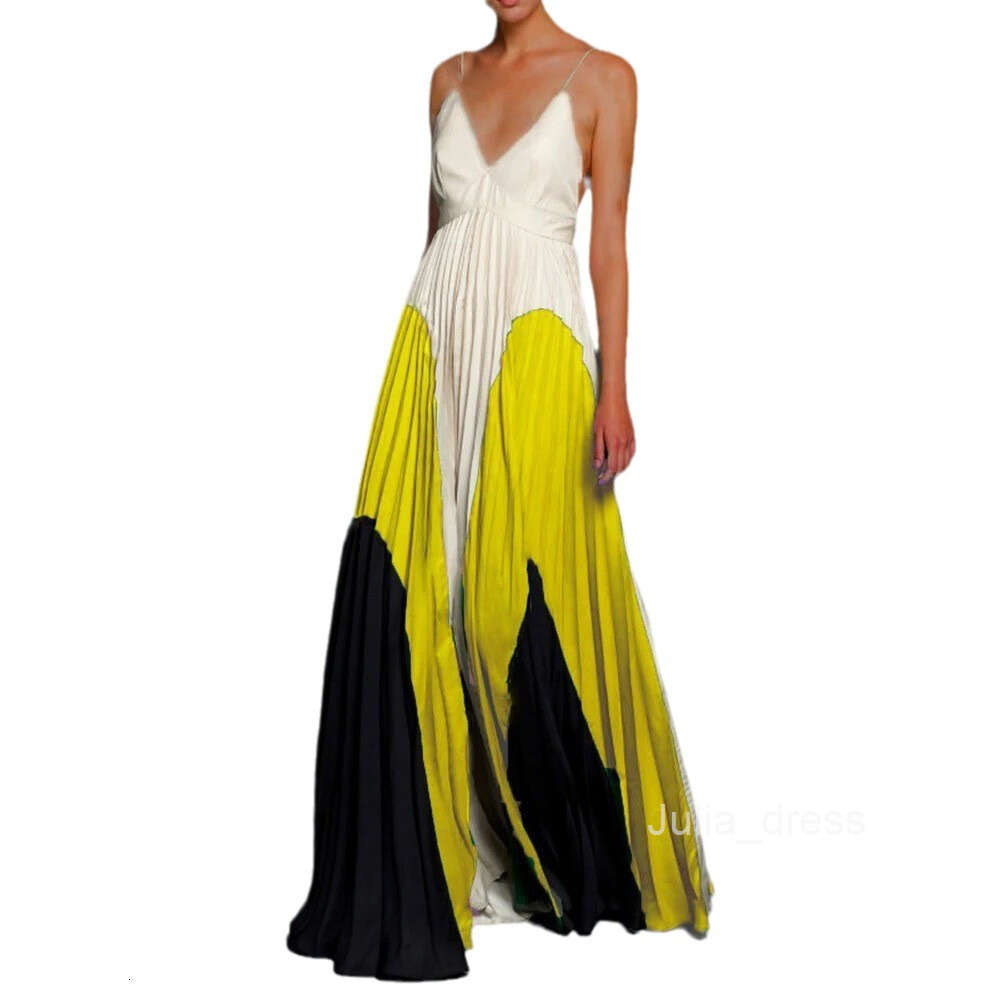 2024 Summer Womens Dress Slim Fit Slim and Long Style Color Blocked pleated camisole dress