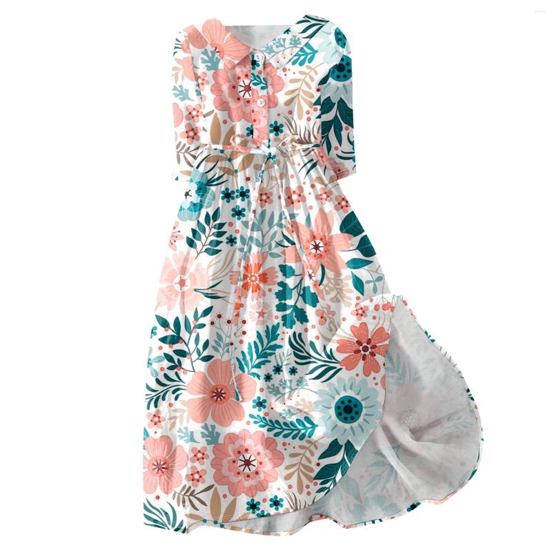 Casual Dresses Womens Fashion Simple Printed Lapel Collar Button 3/4 Sleeved Dress Slim-Type Straps Vestidos Largos