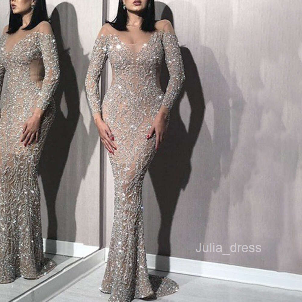 2024 Spring New Womens Hot Stamped Long Sleeve Slim Fit Sexy Long Dress Banquet Evening Dress
