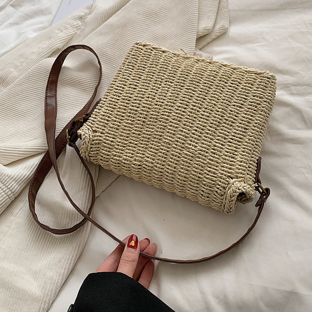 Women Weave Straw Bag Summer Straw Beach Bag Vintage Small Square Satchel Bag Adjustable Strap Handmade Travel Flap Bag