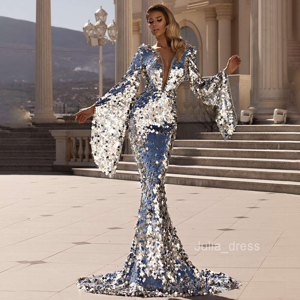 2024 New Womens Dress Sexy Sequin Silver Banquet Dress Wrapped Hip Evening Dress