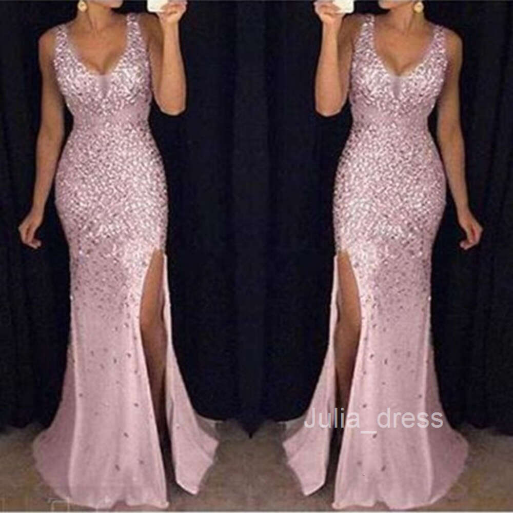 2024 New Womens Long Dress with V-neck Split Gold Splashing Dress
