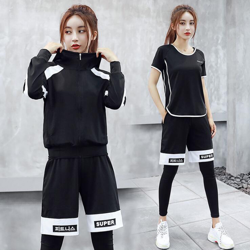 hot sale Korean sports suit 5 pieces yoga sets letter bra+t shirt+coat+shorts+pants sports wear for women gym clothing workout clothes