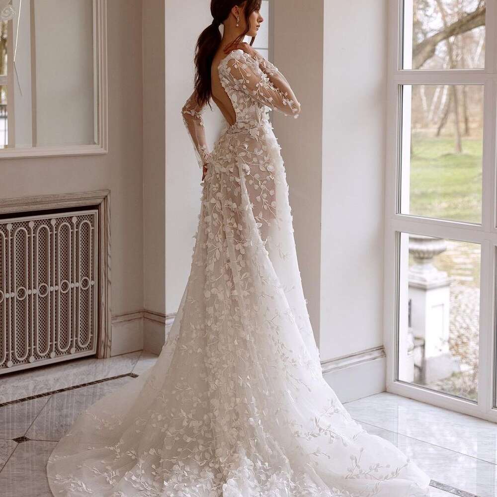 3D ral Embroidered Boho Wedding Dress, Sexy V Neck Lace Bridal Gowns