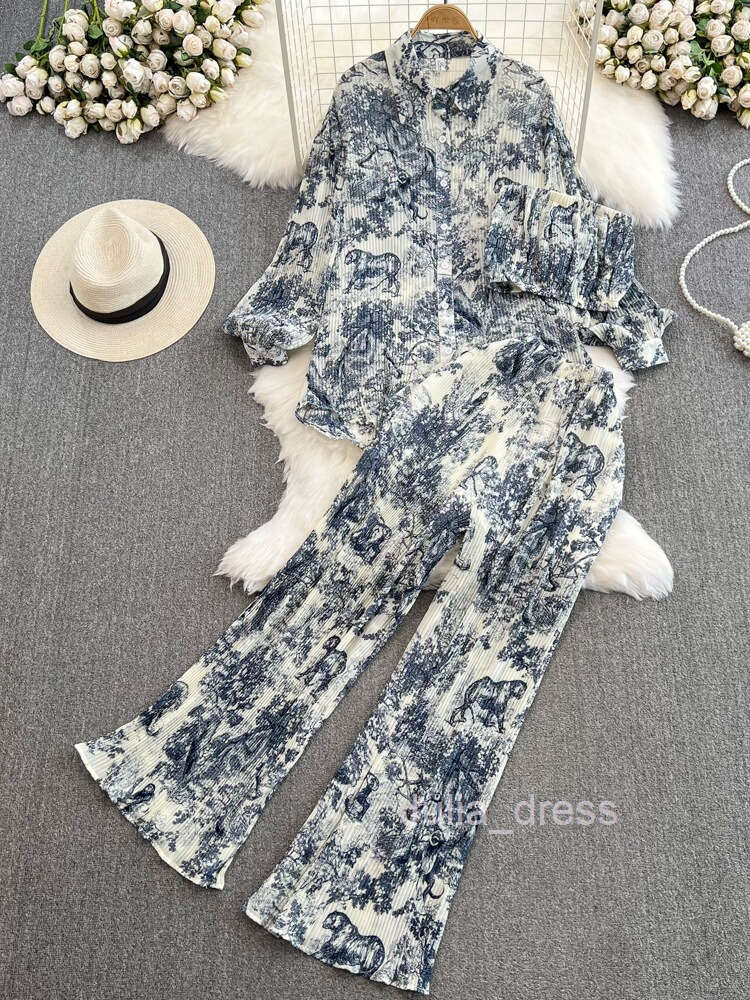 Fashion Set Womens Three House Pleated Loose Ink Painting Printed Shirt Strapless Vest Three Piece High Waisted Wide Leg Casual Pants