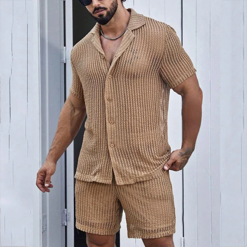 Sexy Hollow Out Mesh Knit Two Piece Suits Men Summer Beach Buttoned Lapel Shirts and Shorts Mens Outfits Casual Solid Color Sets 240518