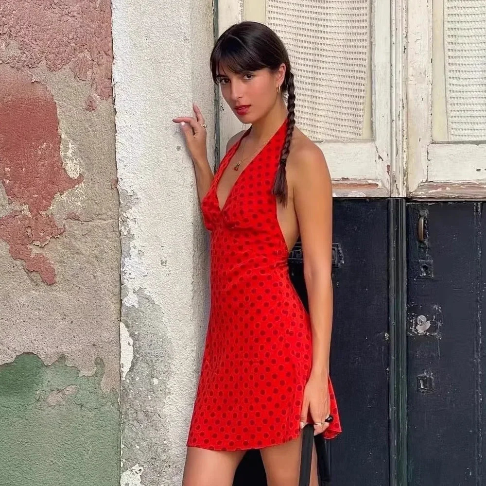PB ZAWomens Polka Dot Printed Dress Fashionable and Casual Versatile VNeck Backless Spring 240515
