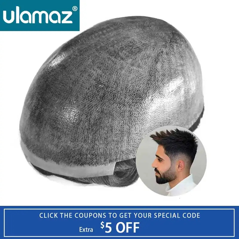 Knotless Skin Toupee Hair Men 0.1-0.12mm Full Skin Hair System Unit Indian Human Hair Man Wig 120% Density Male Hair Prosthesis 240520