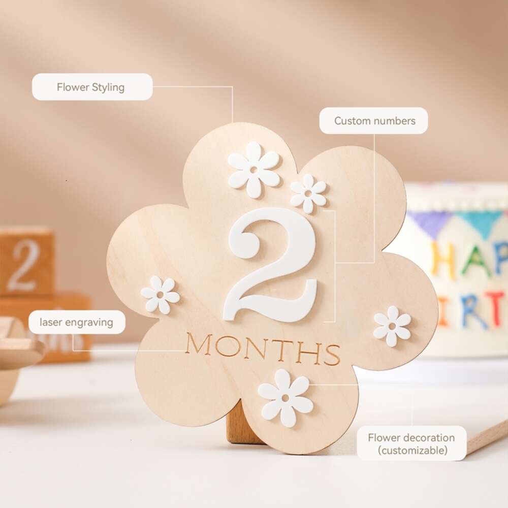 1Set Wooden Month Milestone Flower Shape Record Card Newborn Birthday Gift Souvenir Baby Photo Photography Accessories