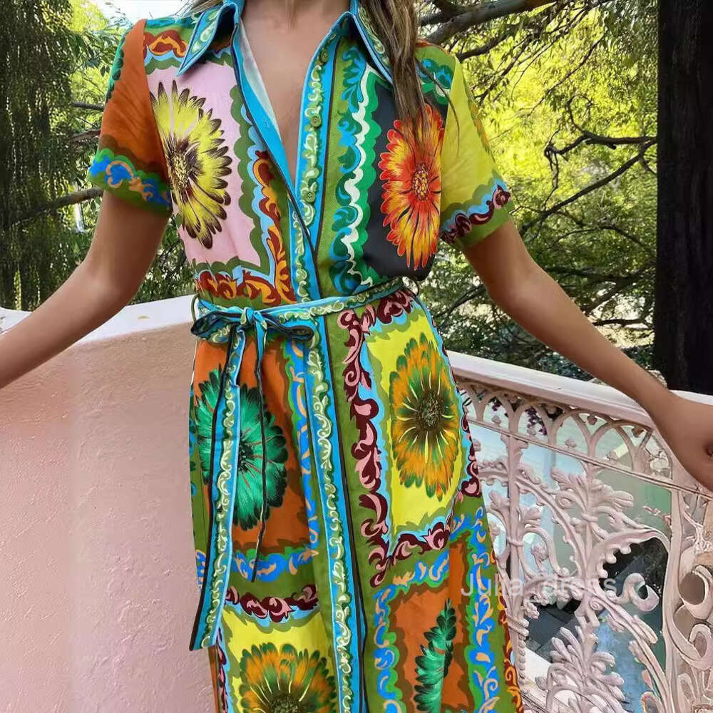 M New Printed Fashion Short Sleeve Loose Casual Lace up Cardigan Dress