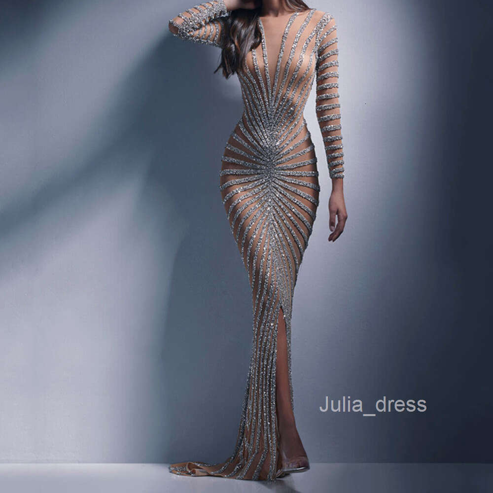 2024 Spring New Fashion Hot Diamond Womens Clothing Mesh Perspective Long Sleeve Split Long Dress