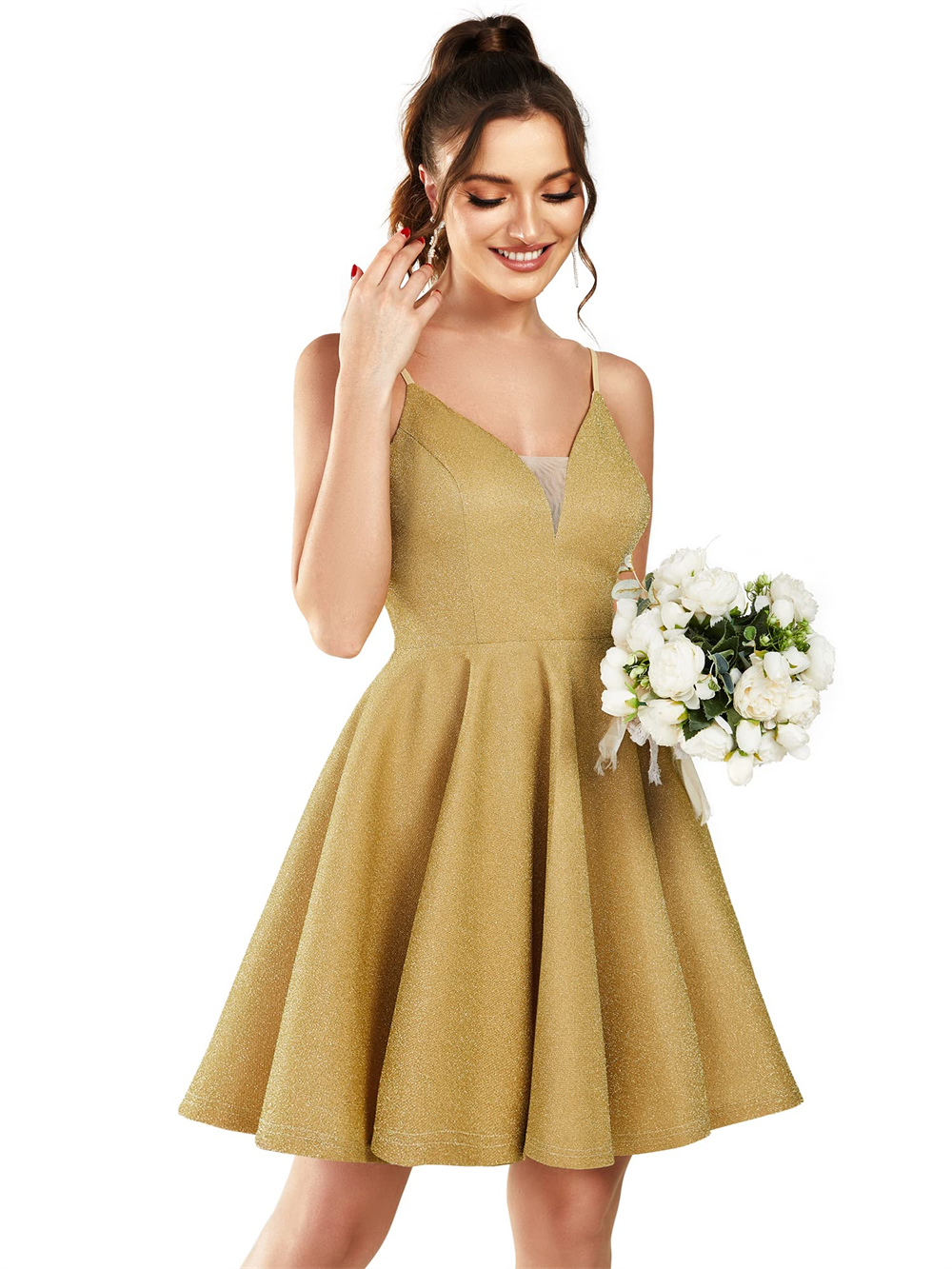 Short Homecoming Dresses Gold Spaghetti Deep V-Neck Satin A-Line Plus Size Cocktail Formal Occasion Cocktail Prom Party Graudation Gowns Hc29