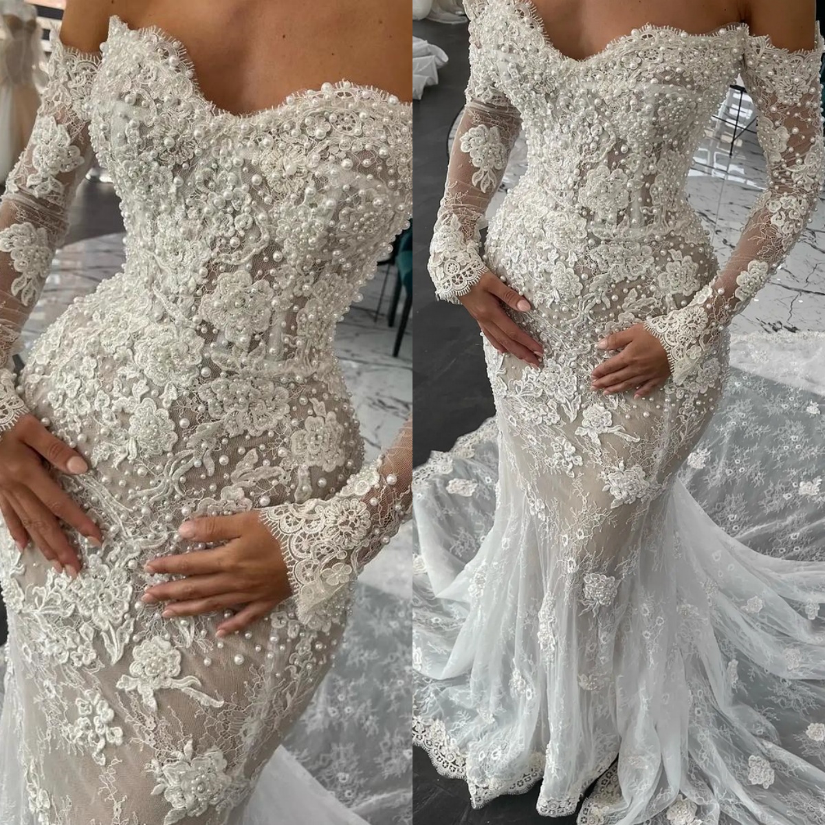 Mermaid Wedding Lace Dresses Pearls Bridal Gowns Appliques See Through Custom Made Illusion Sweep Train Bride Vestido De Novia
