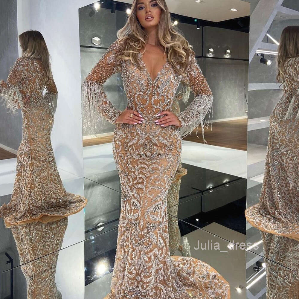 2024 Spring New Womens Evening Dress Womens Fish Tail Sprinkled Gold Tassels Elegant Sexy Long Dress