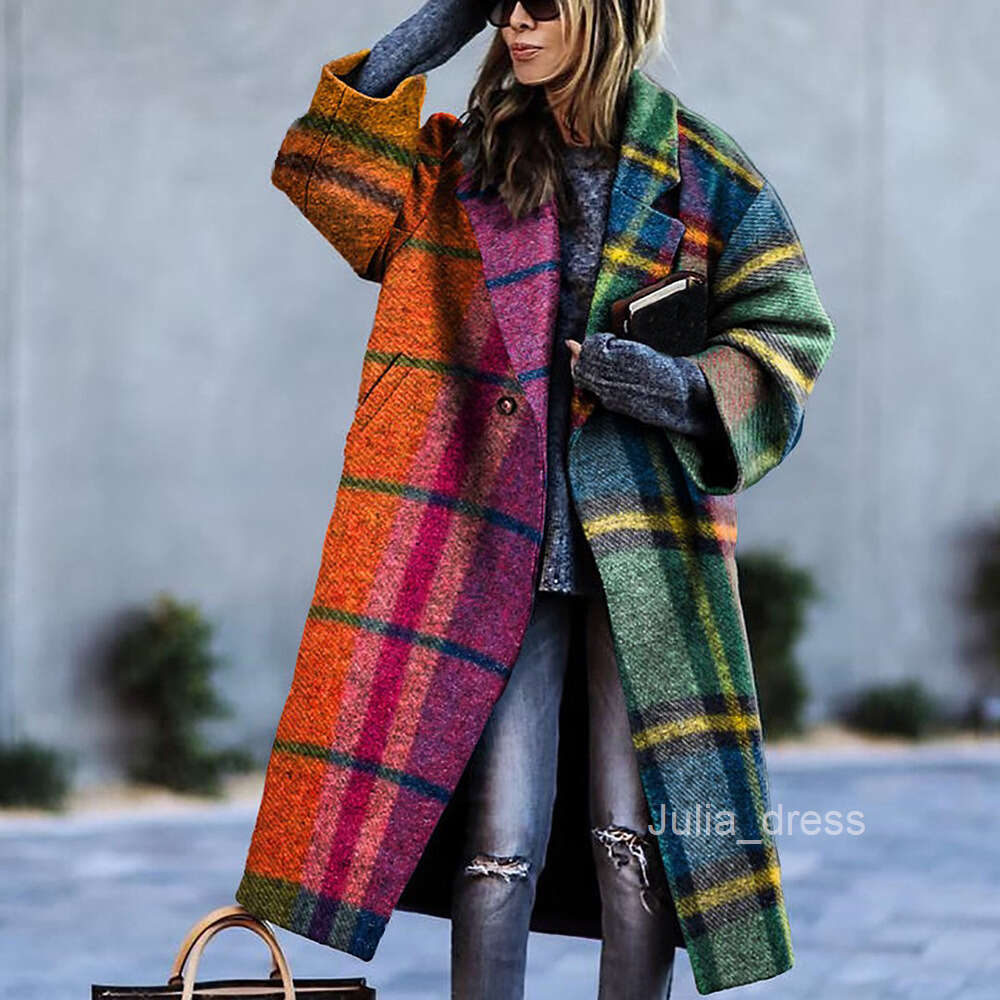 2024 New Autumn Womens Long sleeved Lapel Coat Printed Woolen Long Coat