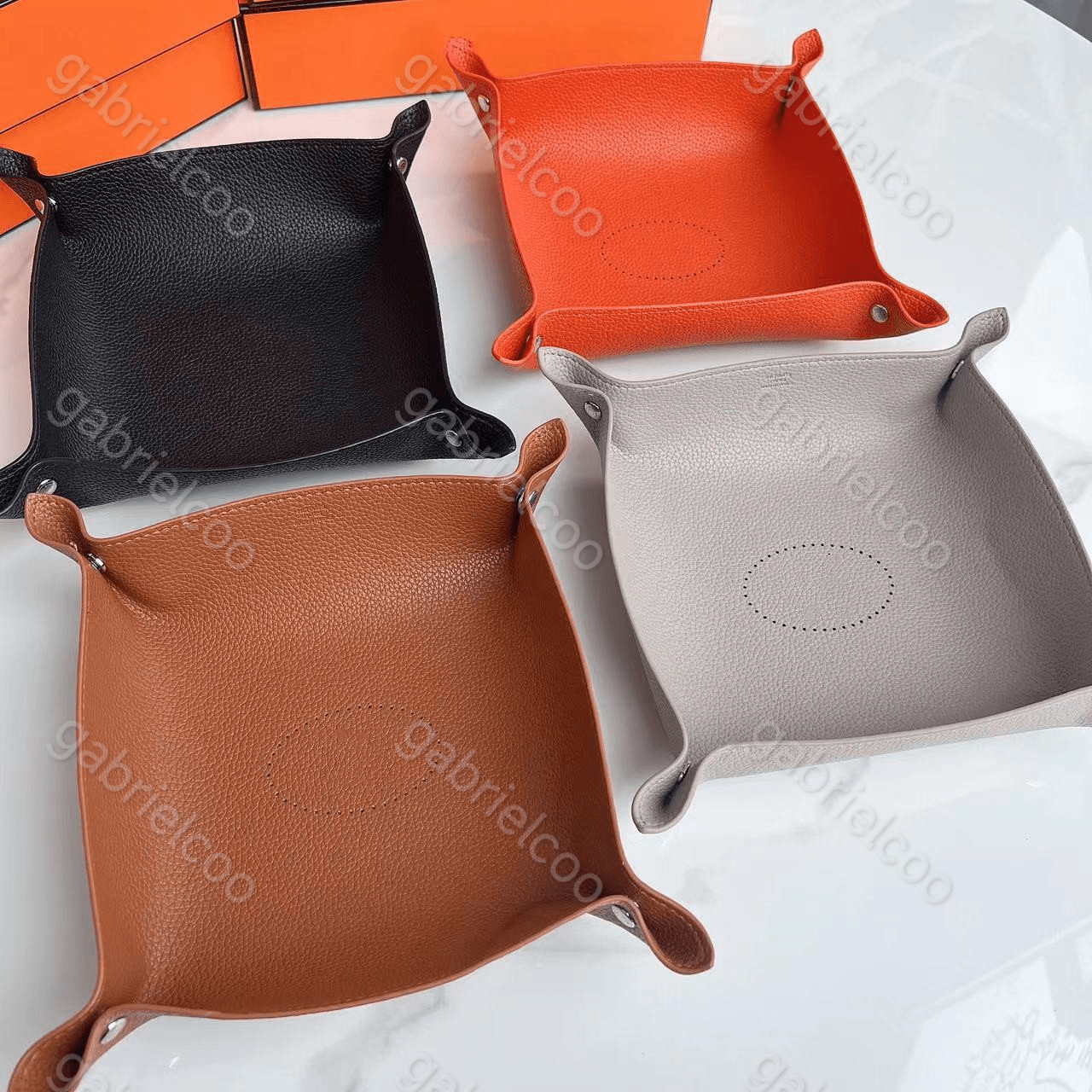 Square designer orange leather tray solid color foyer key storage miscellaneous items desktop candy box